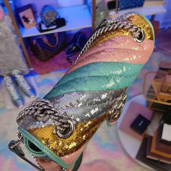 Gucci Marmont Gg Sequin Small Multicolored Rainbow Shoulder Bag w/Dustbag - Picture 6 of 16